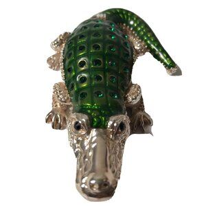 Green Alligator  Hinged Metal Green Enameled Rhinestone Trinket Box 4”‎
